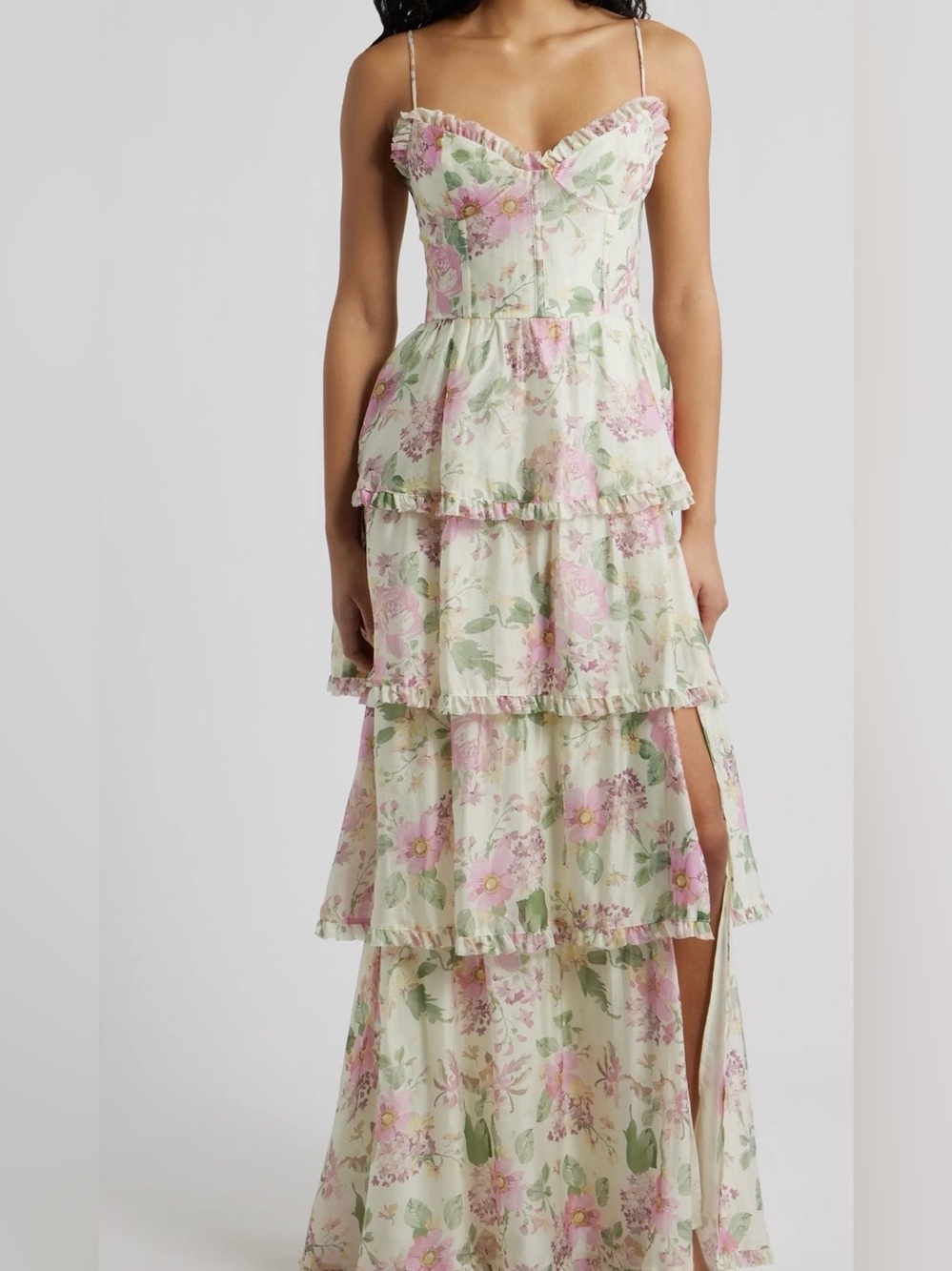 Lucy Paris Tiered Floral Maxi Dress in Pastel Pink and Green
